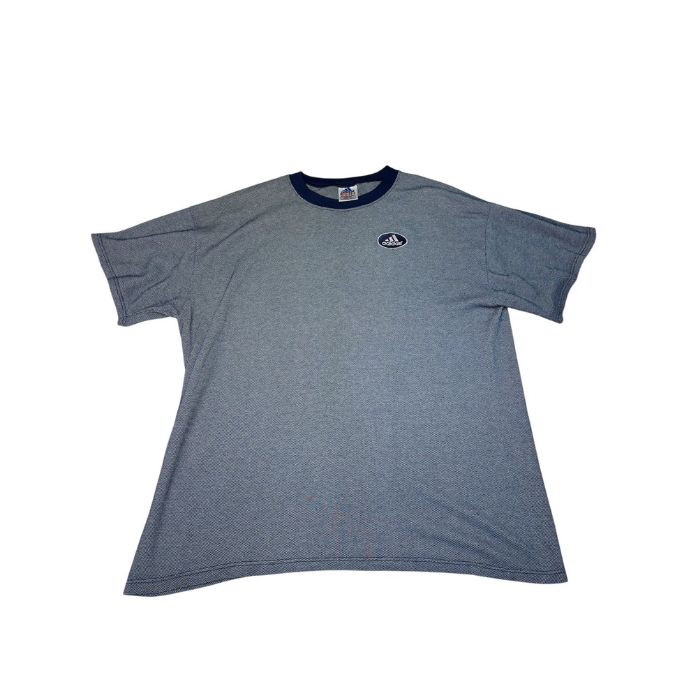 Vintage Adidas T Shirt Mens XL Blue Gray Striped Logo Short Sleeve Tee